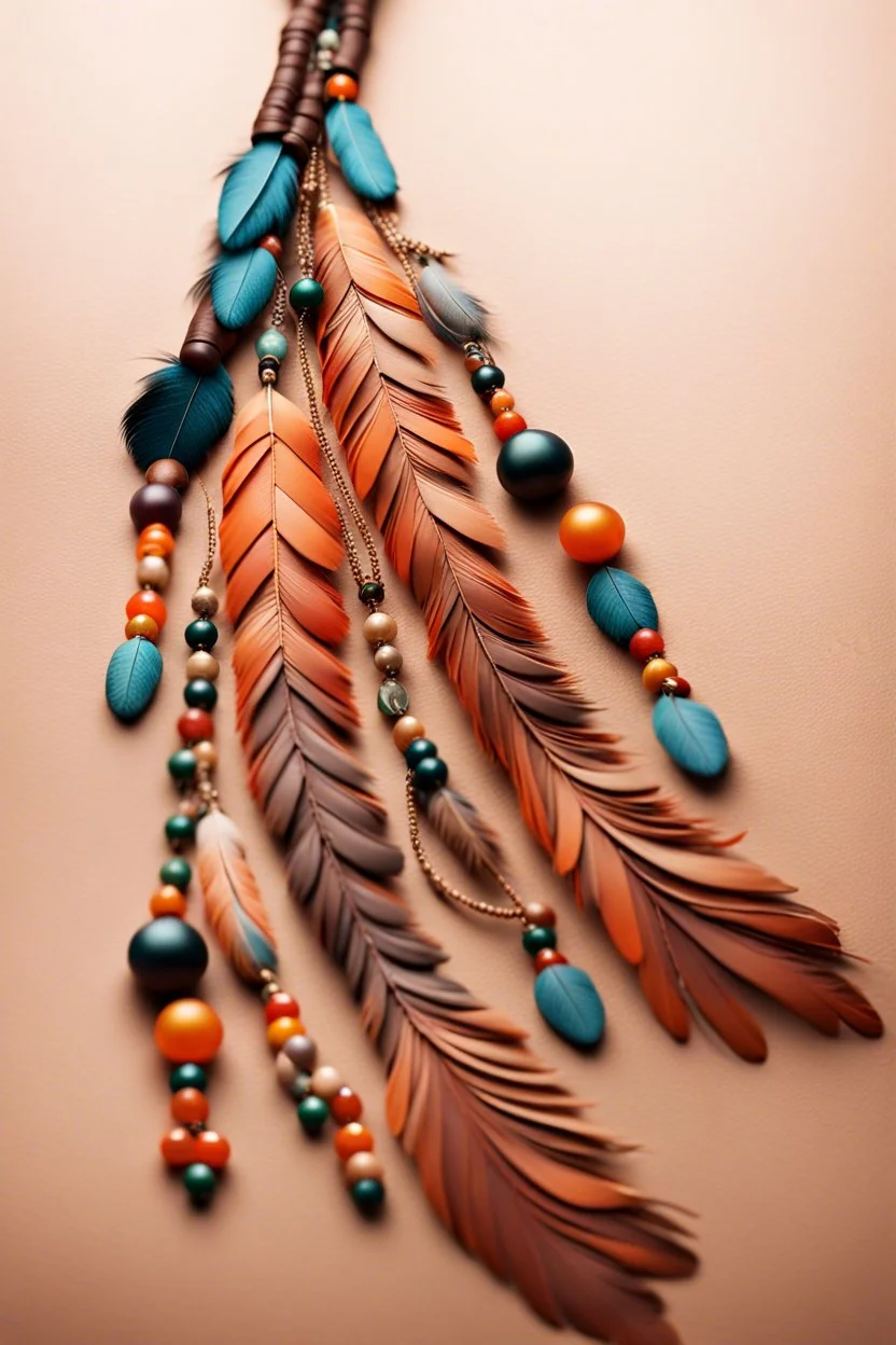 feathers and beads on leather string moving in the wind, warm colors, sharper details, fantasy