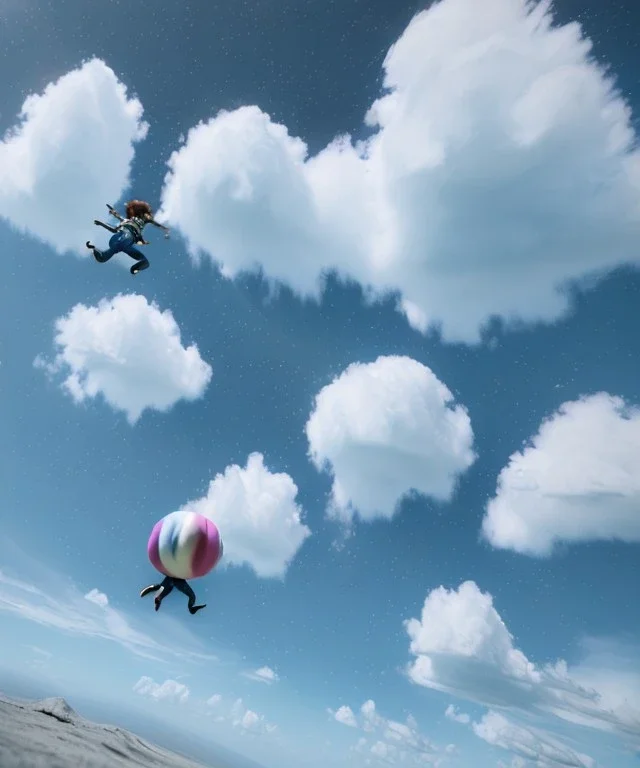 Ultra realistic clouds sky scene, wide angle, sweet childs falling down, free jumping flying, trinkets, monster hair, hair monster, jelly beans, balls, smile, happy, circus style, inflatable color clothing, extreme, wind, clouds sea, 20,000 feet altitude, stratosphere, soft color, highly detailed, unreal engine 5, ray tracing, RTX, lumen lighting, ultra detail, volumetric lighting, 3d, finely drawn, high definition, high resolution.