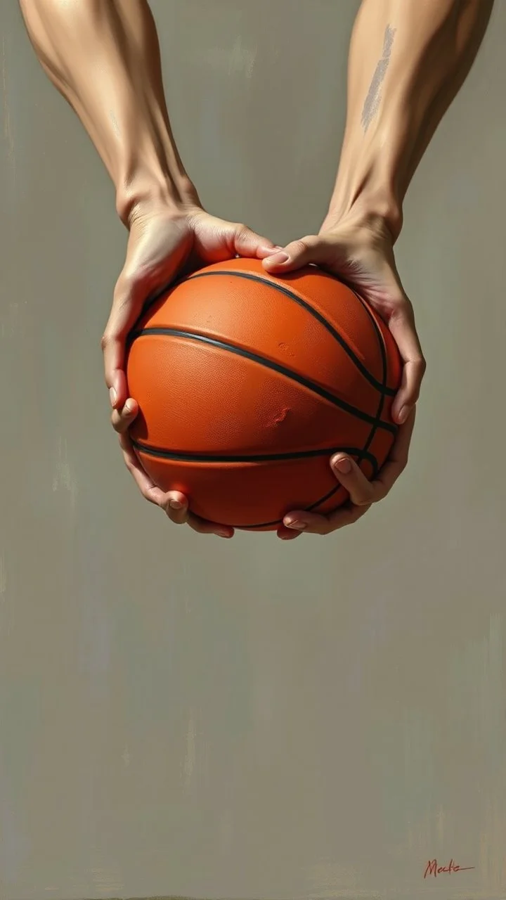 Bosch style painting , 3D 2 hands holding a basketball