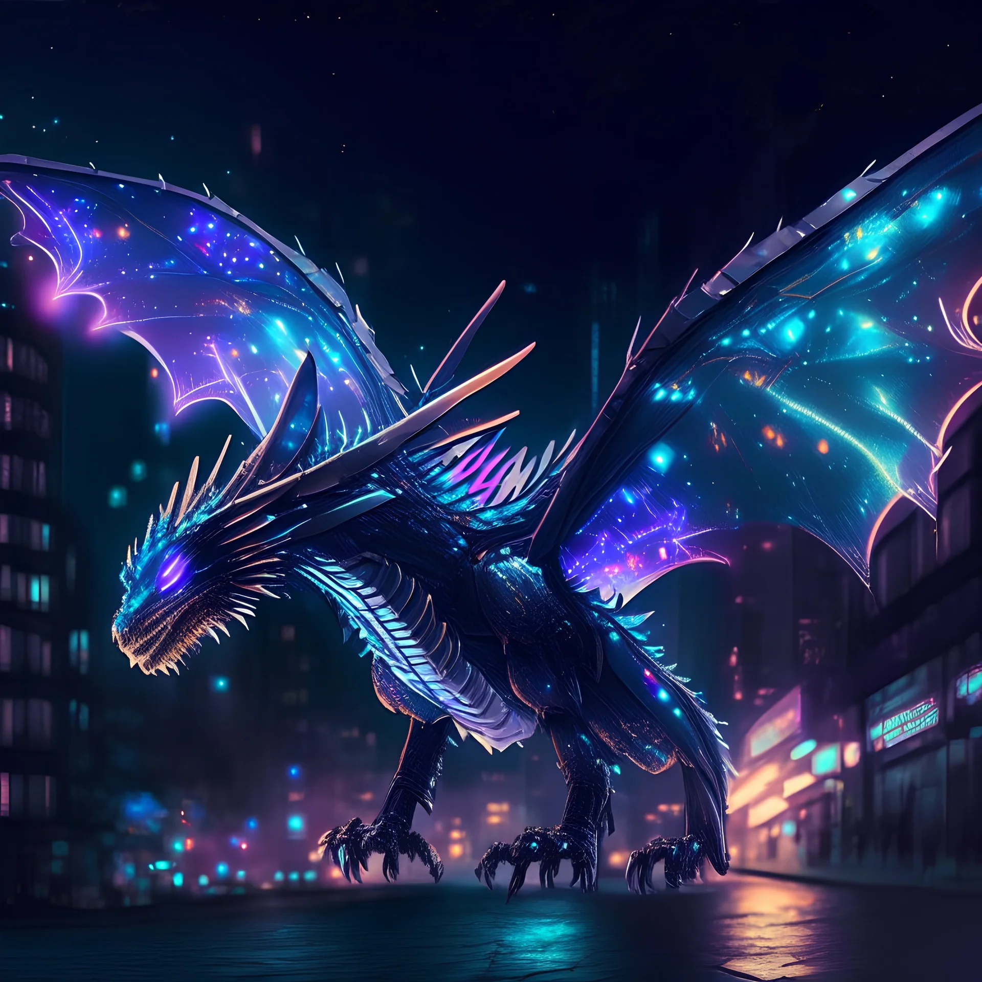 robotic eastern dragon with glowing accents and holographic wings at night time in a city