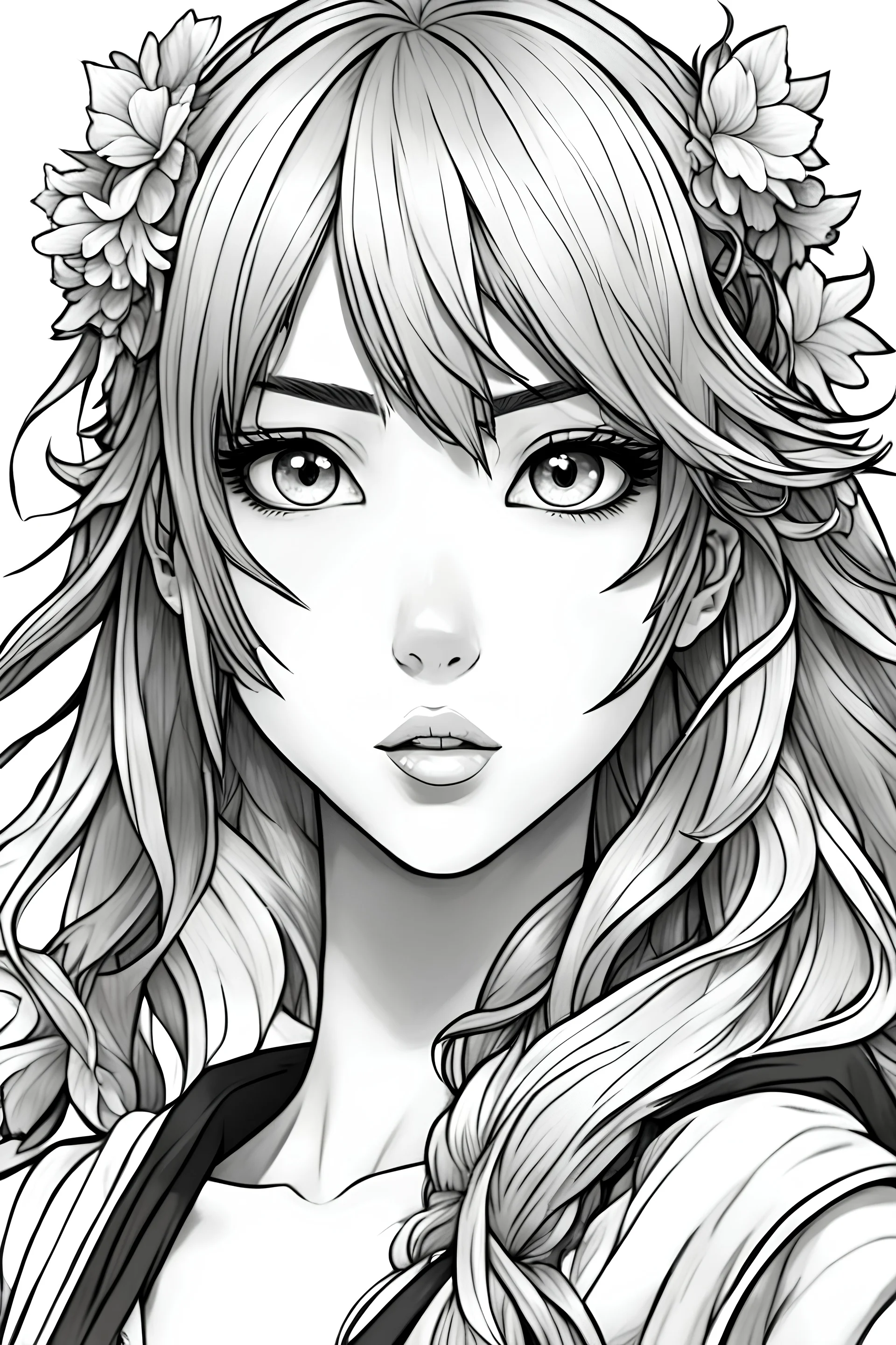 create a coloring book page of a beautiful anime girl , black and white, high contrast