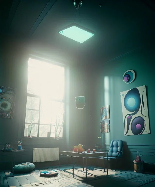 Ultra Realistic abstract Room image, sweet big monster, Kandinsky artist style, highly detailed, unreal engine 5, RTX, ultra detail, volumetric lighting, finely drawn, high definition, high resolution.