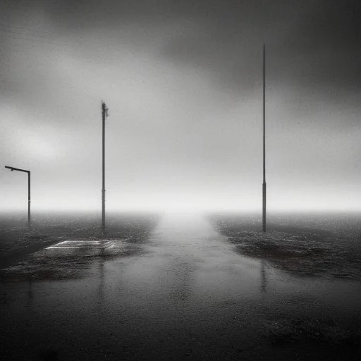 An empty carpark on a misty day. Telegraph poles and wires. Muted tones. Tilted horizon. With blotches, blurry areas and lens noise and grain. Hyper realistic Photo 4k