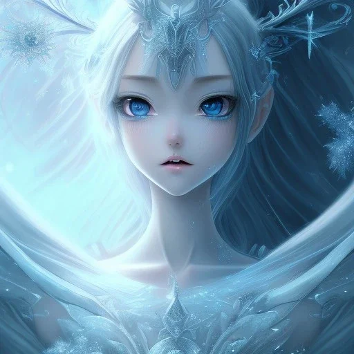 icy blue, anime, fairy queen,tears, majestic, ominous, ice, wildflower, intricate, masterpiece, expert, insanely detailed, 4k resolution, retroanime style, cute big circular reflective eyes, cinematic smooth, intricate detail , soft smooth lighting, soft pastel colors, painted Rena