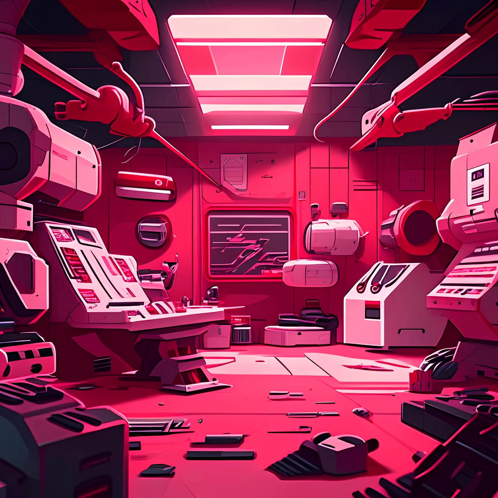 Cartoon futuristic dark red, red, pink, and white space work room filled with many parts and machines, interior