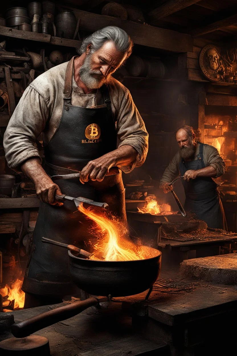 Olden days dirty blacksmith with Leather apron, a man holding he's forearm, the blacksmith is burning the Bitcoin logo with an branding iron onto the arm of a screaming man, hot oven in background, dirty room, 8k, super realistic, very detailed, eary feeling, emphasis on the logo