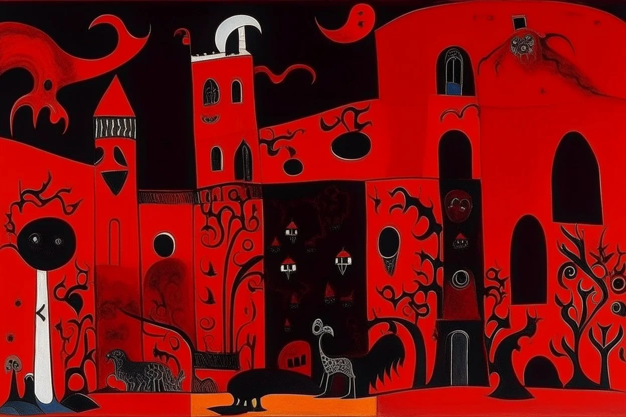 A dark red vampiric fortress designed in ancient Greek pottery painted by Joan Miro