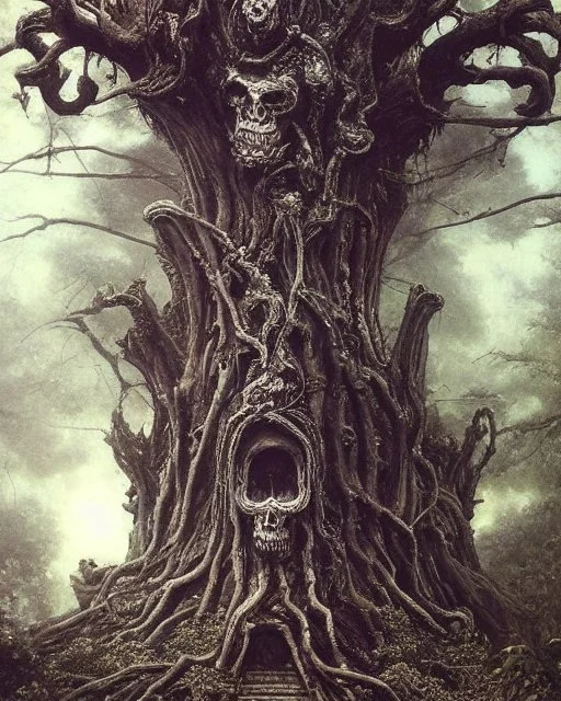 A beautiful highly detailed ancient tree with ornate intricate demon skulls grown into it, sticking out in random places, some screaming, some with glowing eyes, horrorcore made of shiny obsidian glass :: reflective, glassy :: subtractive lighting, backlit :: by John William Waterhouse, Greg Rutkowski, HR Giger :: hyperrealistic, hyper detailed, photorealistic :: epic, incredible composition, amazing depth, meticulously composed, 16k resolution concept art :: fantasy magazine cover art