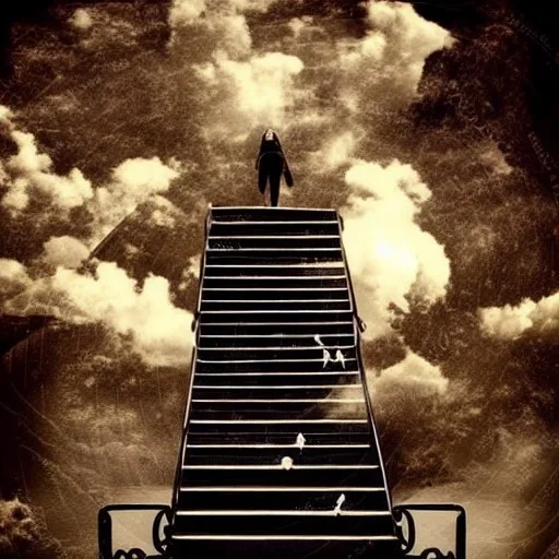 float into my dreams my nightmares and twisted things, dark side of me, staircase, depths despair, anime, girl walking down stairs, clouds, mist, darkness