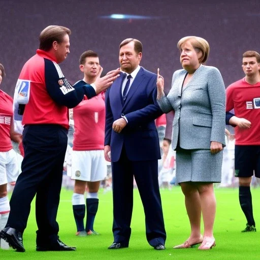 Angela Merkel in a referee jersey officiating for a soccer match at Wembley Stadium