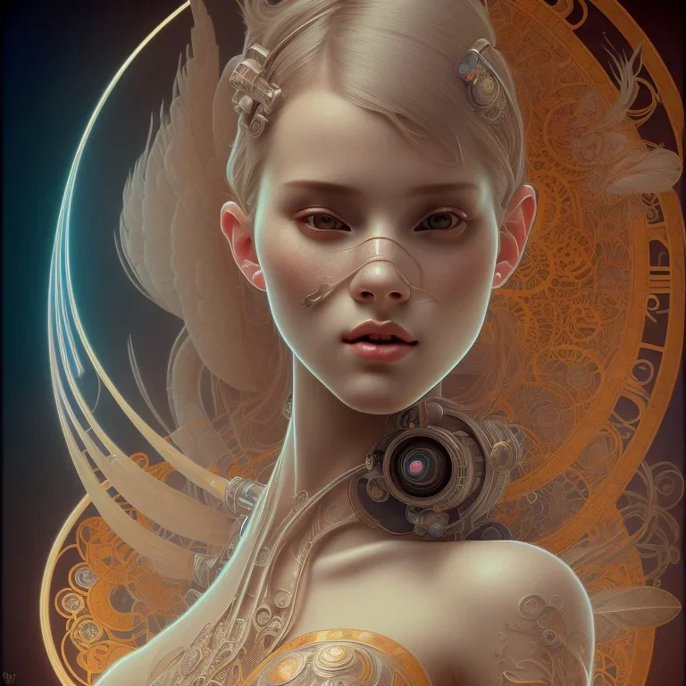 A beautiful portrait of a cute cyberpunk woman happy, alphonse mucha style, grain on the skin, tribal tatoos, orange color scheme, high key lighting, volumetric light high details with white stripes and feathers full length clean art NFT, soft lighting, soft pastel gradients, high definition, blender 3d cinematic, op art, visionary art, sacred geometry, fractal, white balanced