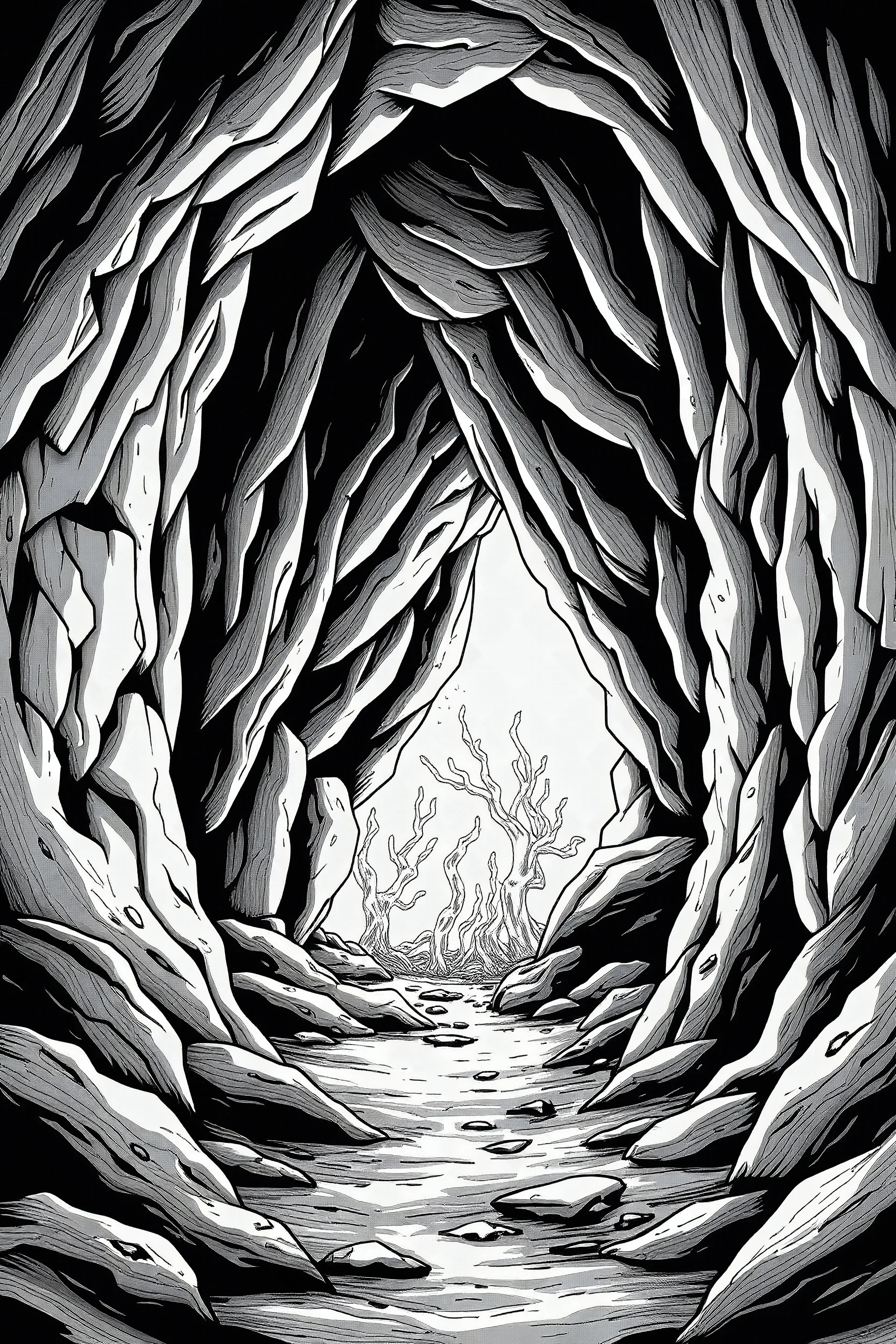 desenho em preto e branco para colorir, entrada de um caverna, com luz de fogueira saindo de dentro