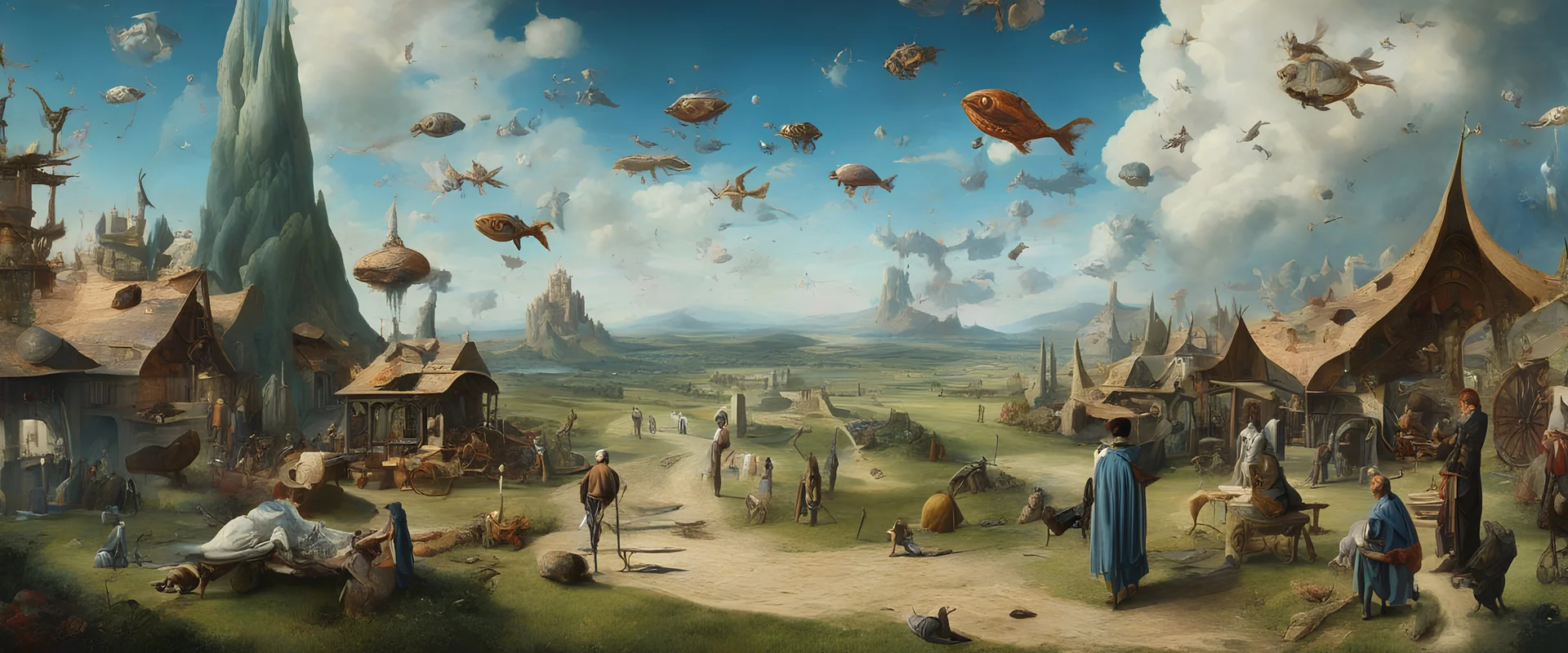 Salvador Dali & Hieronymus Bosch greet each other at an outdoor surrealist market. A flock of dream-like sky-fish fly high in the far distant sky, with a beautiful surreal outdoor countryside summer scene with hills, interesting dwellings, pathways, stairways, waterfalls, & an intricate fractal sky, very high detail, photorealistic, epic cinematic, 8K, Large depth of field