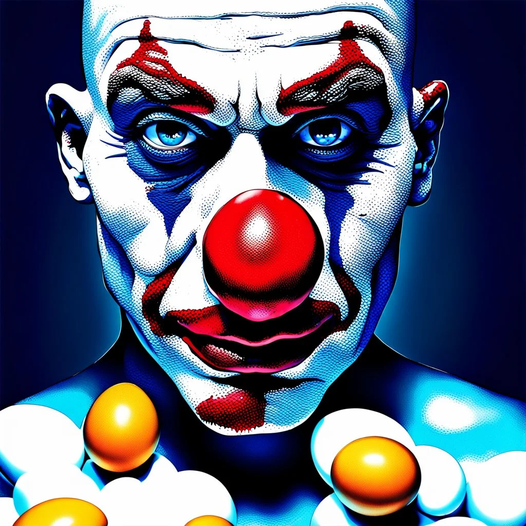 A lone and sad clown in a vibrant A surreal, hyper-realistic digital artwork of a human man clown with a cracked eggshell as the top of his head, revealing a raw egg yolk and egg white spilling down his red nose and his face face. The clownn’s facial expression is introspective and solemn, with piercing blue eyes gazing upward. The egg yolk is glossy, vibrant orange, and the egg white drips realistically down his sad face, emphasizing texture and gravity. The background is a sidewlk, soft gradie