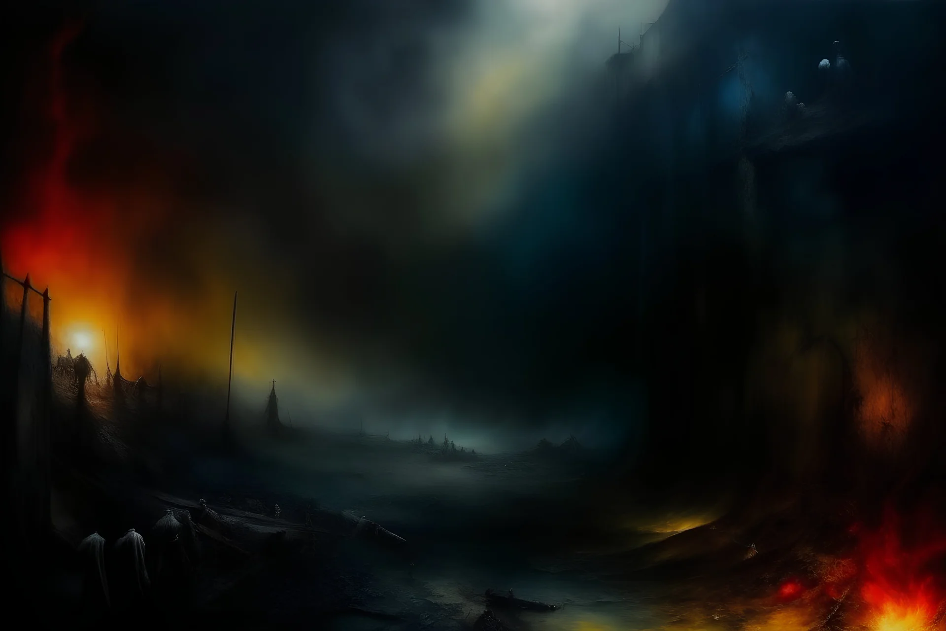 oil painting in the style of William Turner, Rembrand, Hieronymus Bosch: a dystopic dark enviroment. colors run partially, oil paints on canvas. dramatic painting effects, fine crackles, mystic dark mood. horror, science fiction, depression. postapocalypse. nebular.