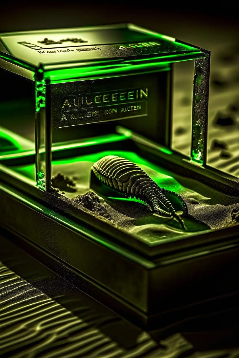 an alien's close up footprint lodged within sand in a neat, square display glass box, "Alien" engraved on small label outside of the box, realistic and highly detailed, 8k