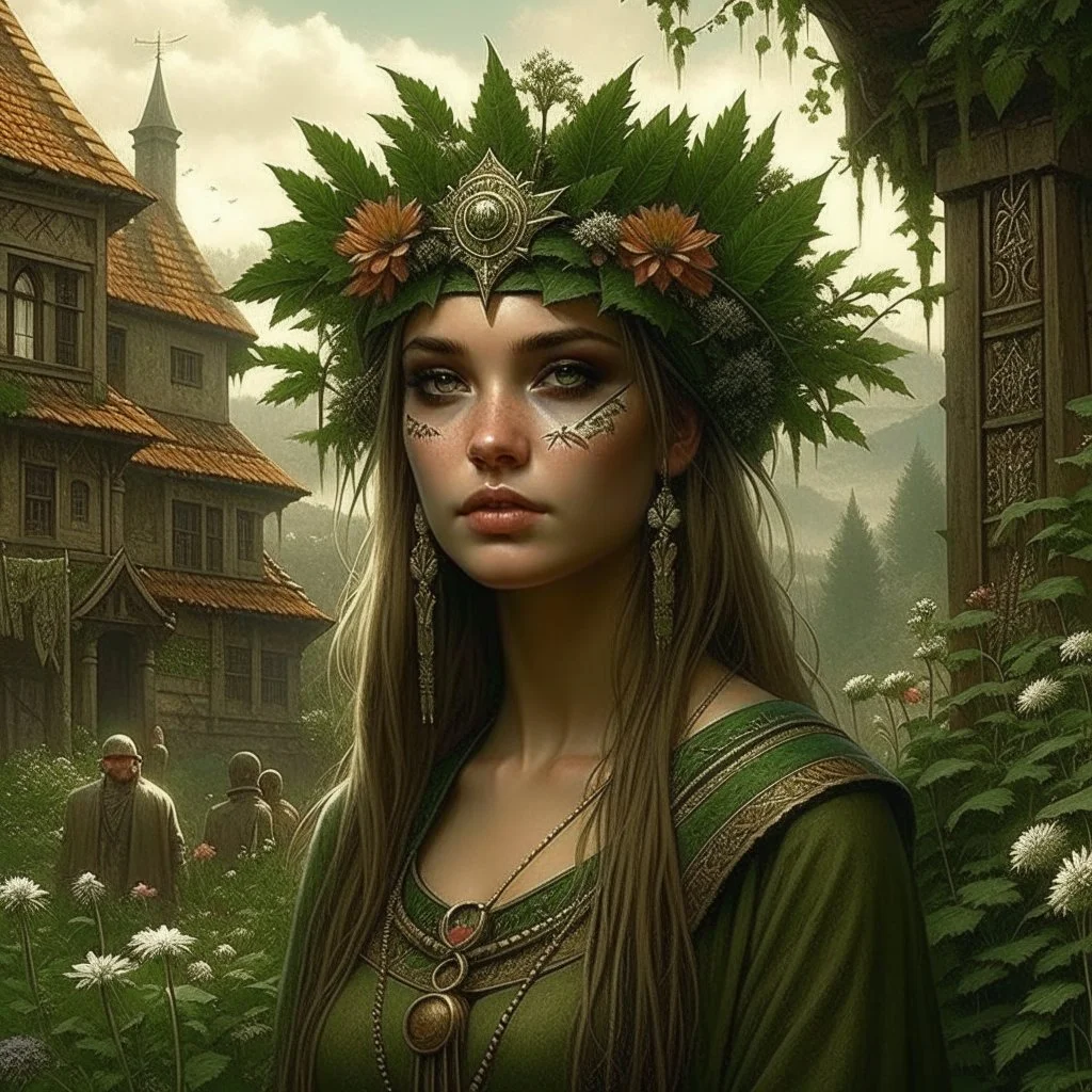 Pagan town, viking art, highly detailed with lush forests, green leafs, flowers, pagan temple with runes, high resolution, 24k, ornate, intricate, complex, digital painting, smooth, art by royo and tom bagshaw