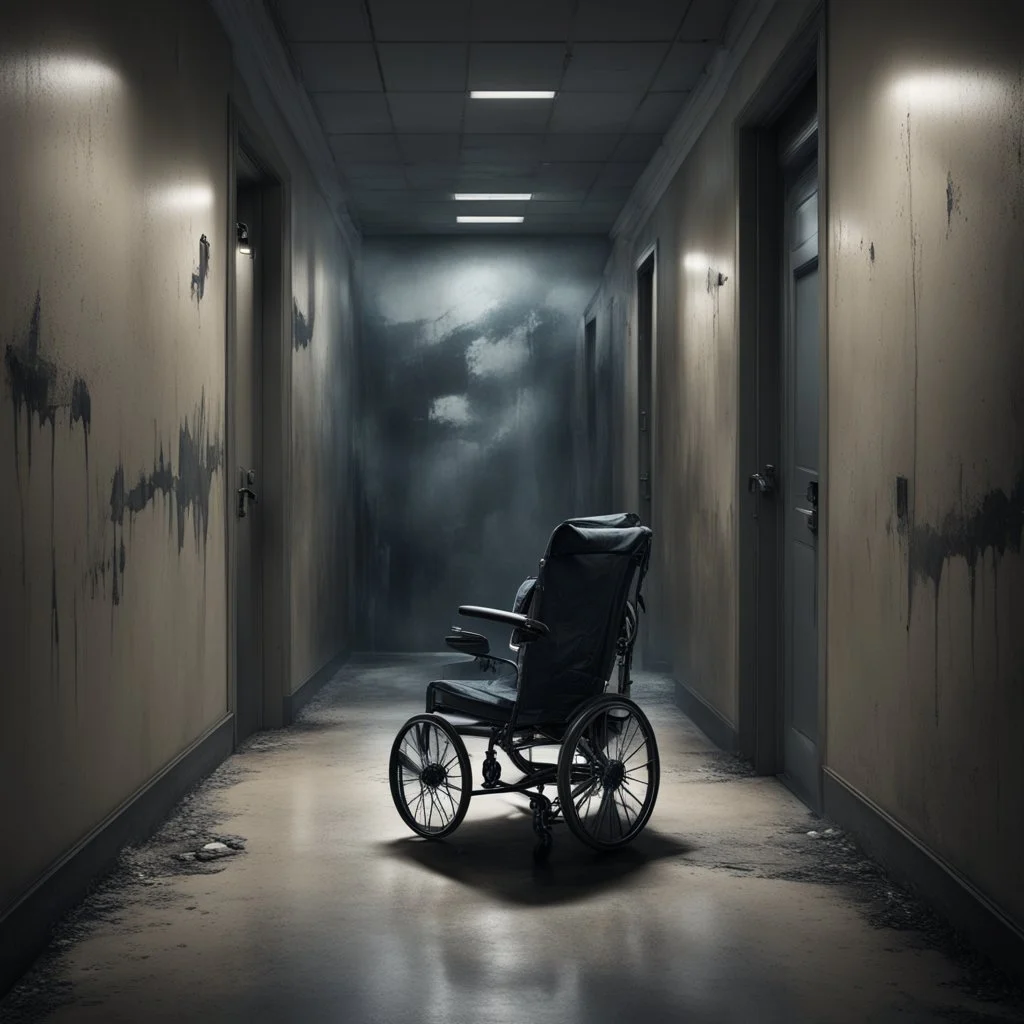 Hyper Realistic wheelchair in between of a dark hallway of a huge hospital at night with peeling wall paint