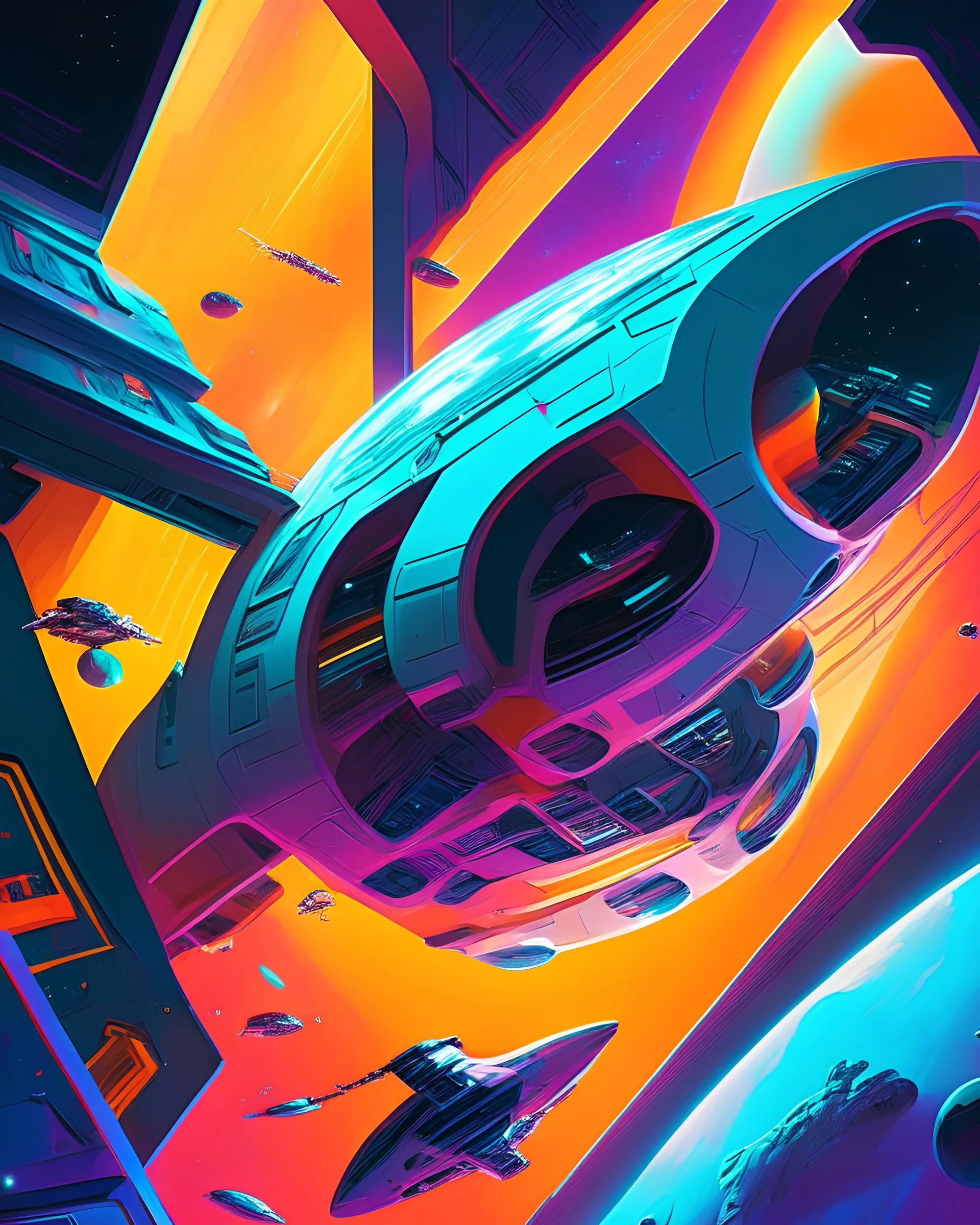 A digital artwork of a futuristic space station, with sleek design and vibrant colors, in the style of Alex Ross and Paolo Rivera, with a sense of depth and motion.