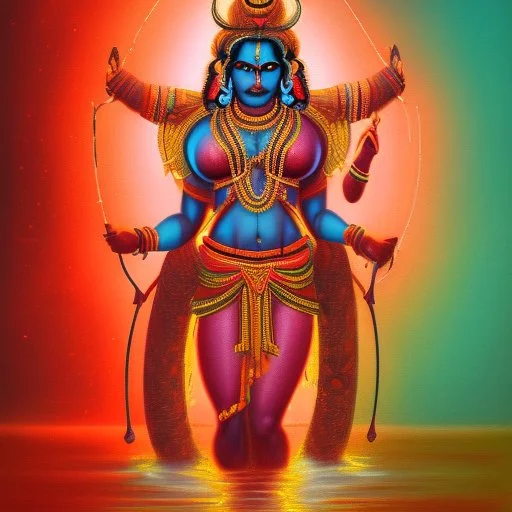 An oil painting of goddess Kali crossing a lake, neon red colors,