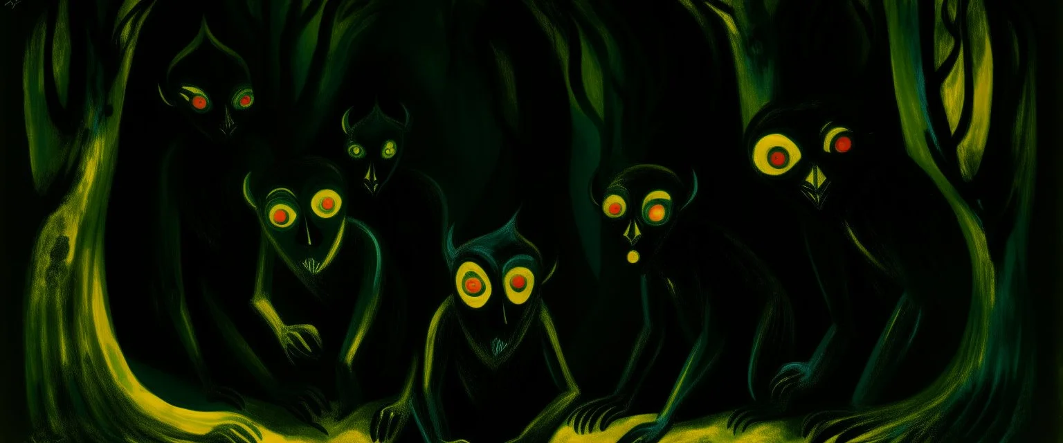 A dark greenish black shadow realm with glowing eyed imps painted by Alexej von Jawlensky