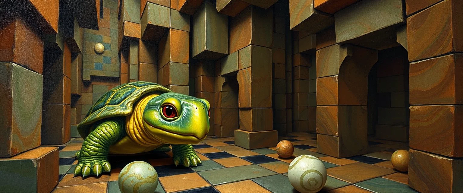 master oil painting by Rembrandt, marble madness turtle character portrait, a living bowling marble halls in a twisted block maze, scenery from the game "marble madness"