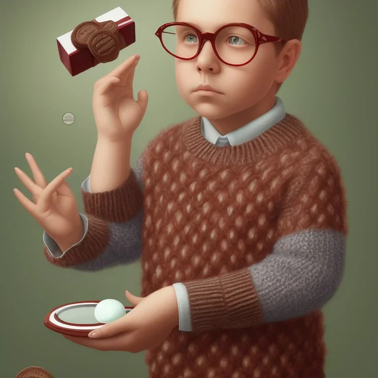 peter billingsley chubby with glasses, holding a single ((Dark red))soap bar, ((brown))argyle sweater