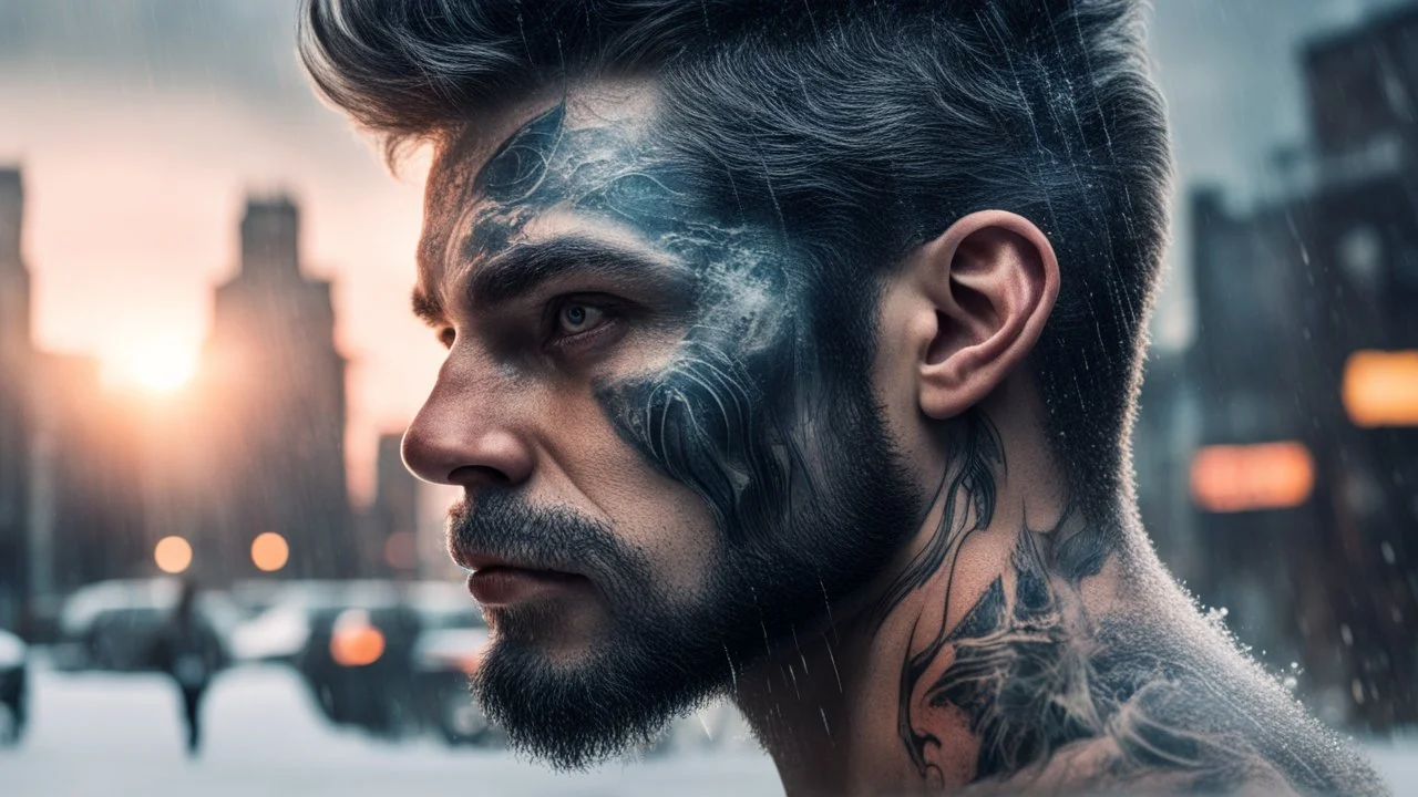Double exposure, Wolfman, photorealism, man, city, sunset, snow, rain, fantasy, mystical, tattoo, vertical pupils, high detail, high resolution, 8K