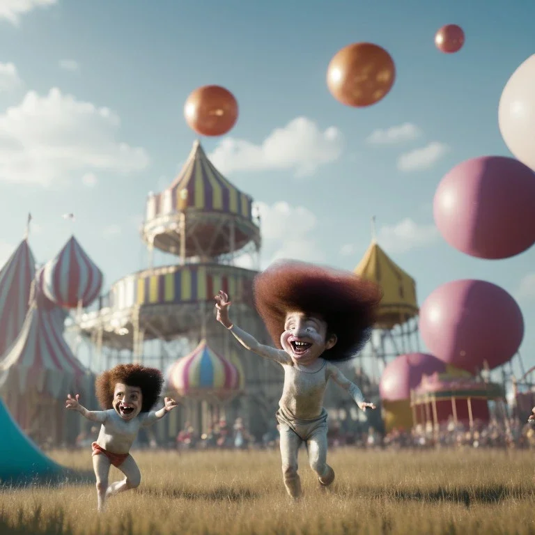 Ultra realistic circus scene. Sweet big hair monster flying. Child’s playing. one strong man, smile. happy, color bubbles, smooth color, waist up view, Wes Anderson style, dark ambient, highly detailed, concept art, unreal engine 5, god rays, ray tracing, RTX, lumen lighting, ultra detail, volumetric lighting, 3d, finely drawn, high definition, high resolution.