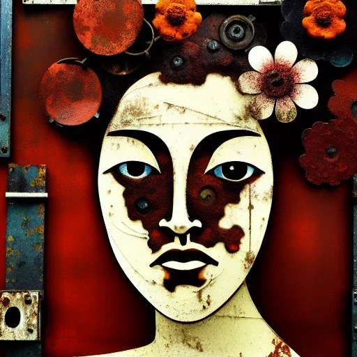 an abstract painting of rusted metal and flowers, Geisha portrait, rust, scaffolding, iron cladding, decay, mixed media, textured, anatomically correct, beautiful perfect face, sharp focus, highly detailed by Simone Martini 8k