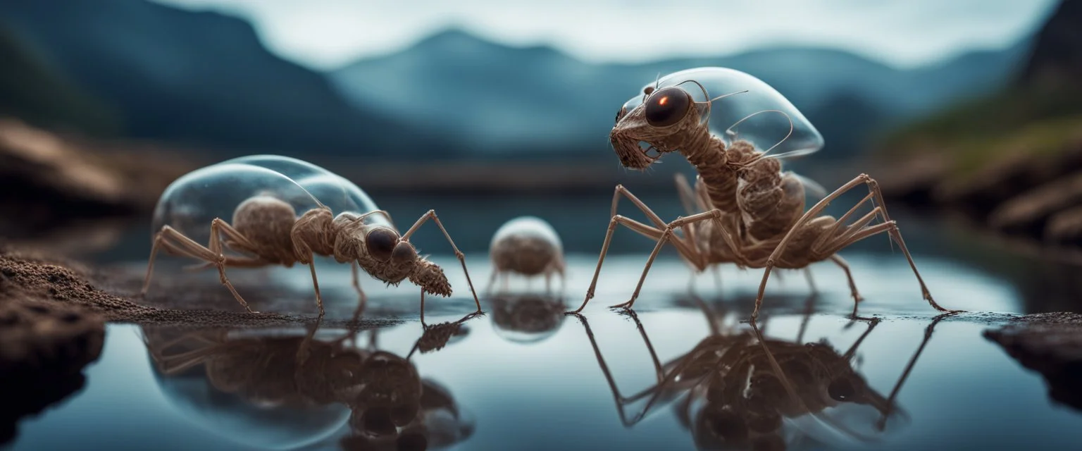 close up on dented glowing ghost transparent ant skeleton rat babies, raised by ninja necromancer in the wild, by lake in surreal reflecting stone chrome landscape