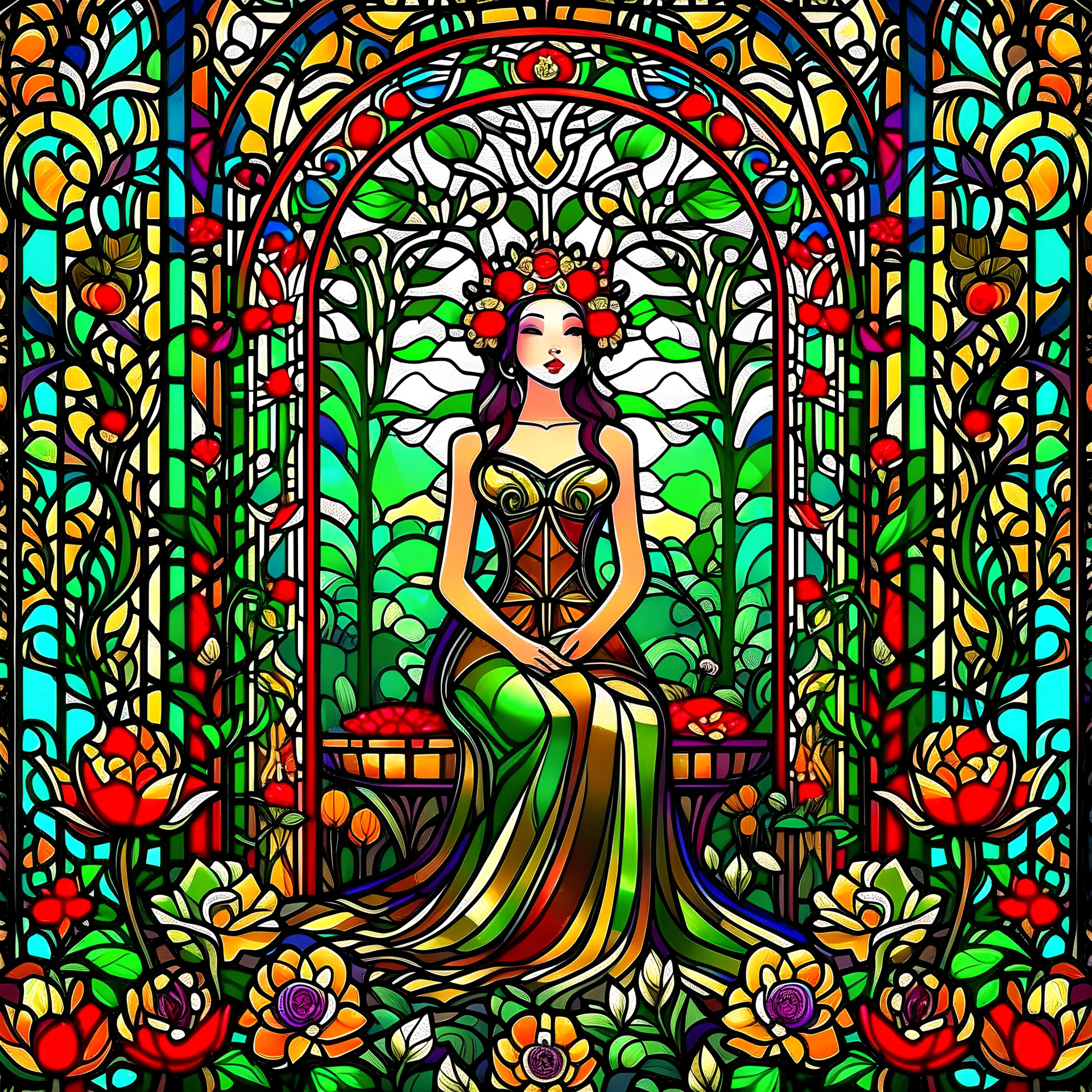 Stained Glass Art Nouveau art style A beautiful as a model asian woodland elf princess who looks like a young Lucy Liu seated on a throne surrounded by poppies and marijuana leaves in a mystical forest, photo-realistic