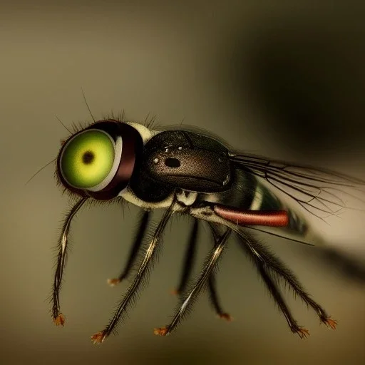 Photo of fly, 1500mm lens, ultrarealistic, front view