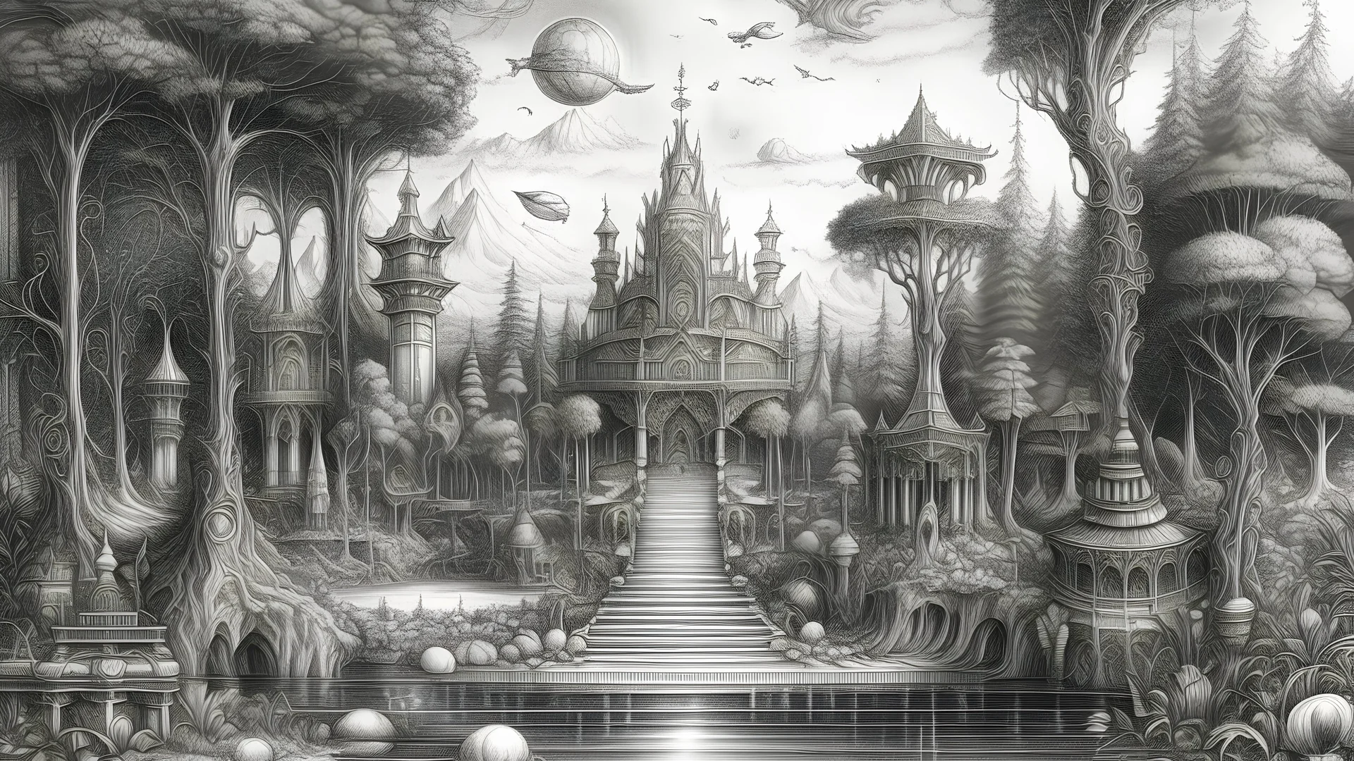 pencil sketch, relaxation, luxury, dream world, calm beauty, symmetry, fantasy world, magic, beautiful composition, exquisite detail