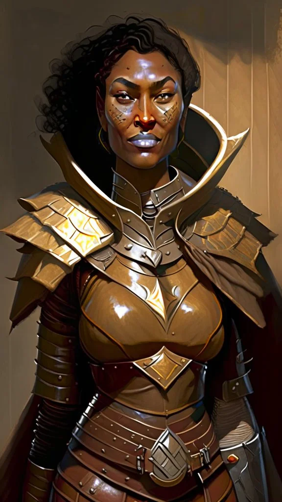 A tall human woman with tanned skin. Her face, marked by the years, always has a smirk on it, showing her superiority in the eyes of the others. She is dressed in leather armor and wears a wheel cape.