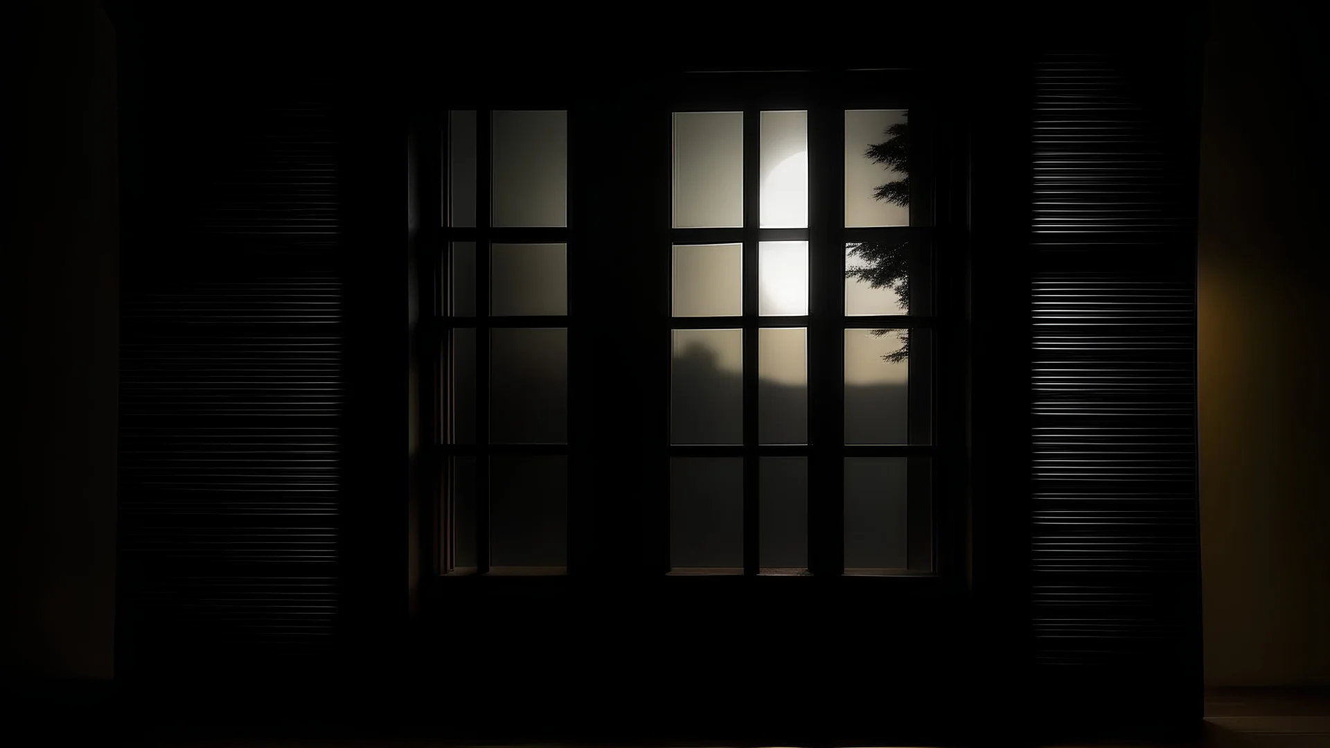 Dibuja una cabaña de madera con la silueta de una persona fantasma en una ventana desde lejos