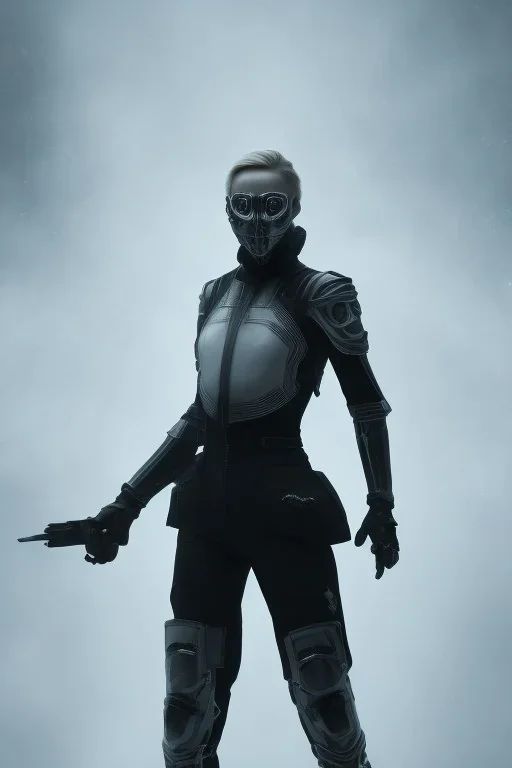 All Black AnnaSophia Robb soldier, ghost, wearing high tech mask, white smoke, dark, rage, sorrow, high definition, ultra 8 k, volumetric lighting, blue fire, fog