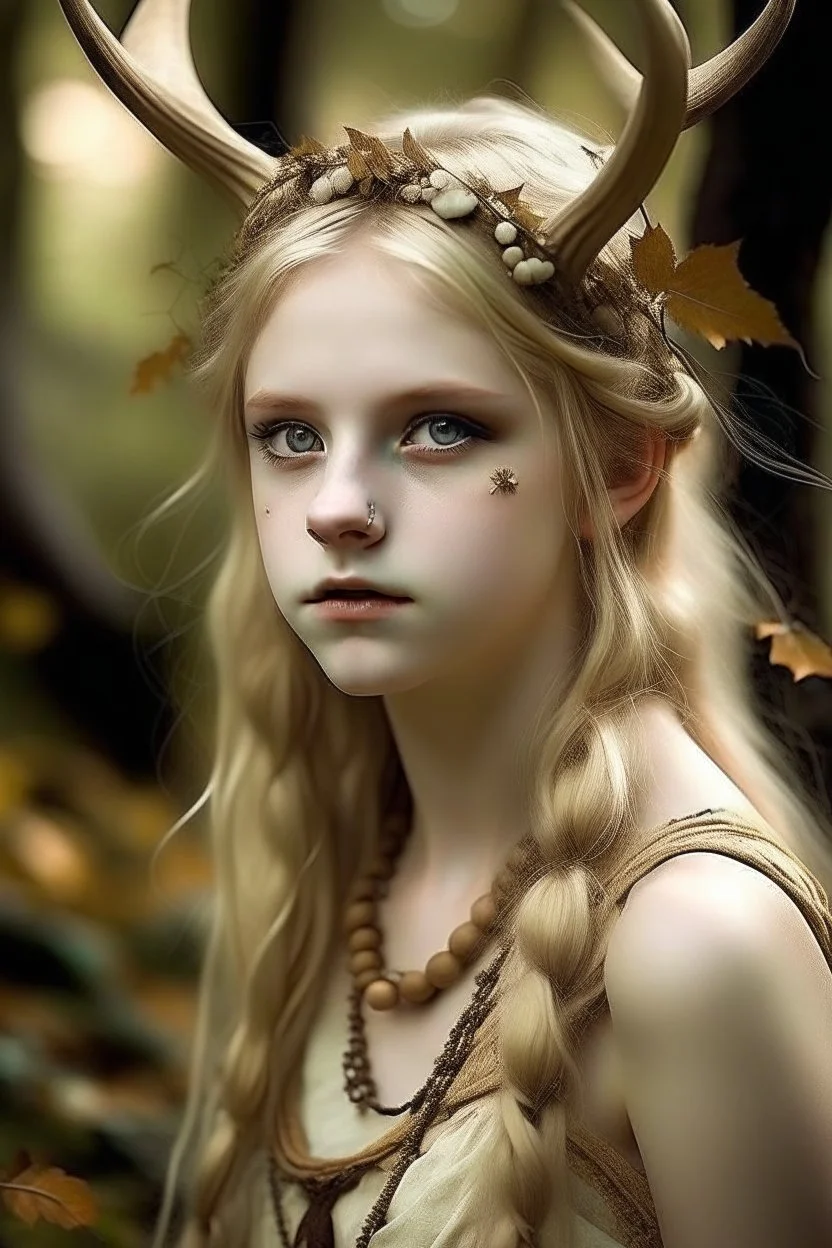 pretty girl, aged 16, blonde, conventionally attractive, dreamy, faun, satyr, tribal