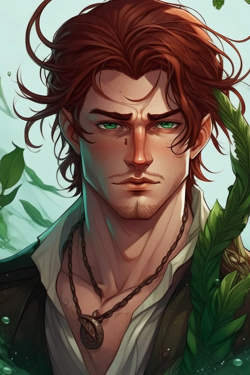 determined wet pirate nereid male with deep auburn hair and seaweed