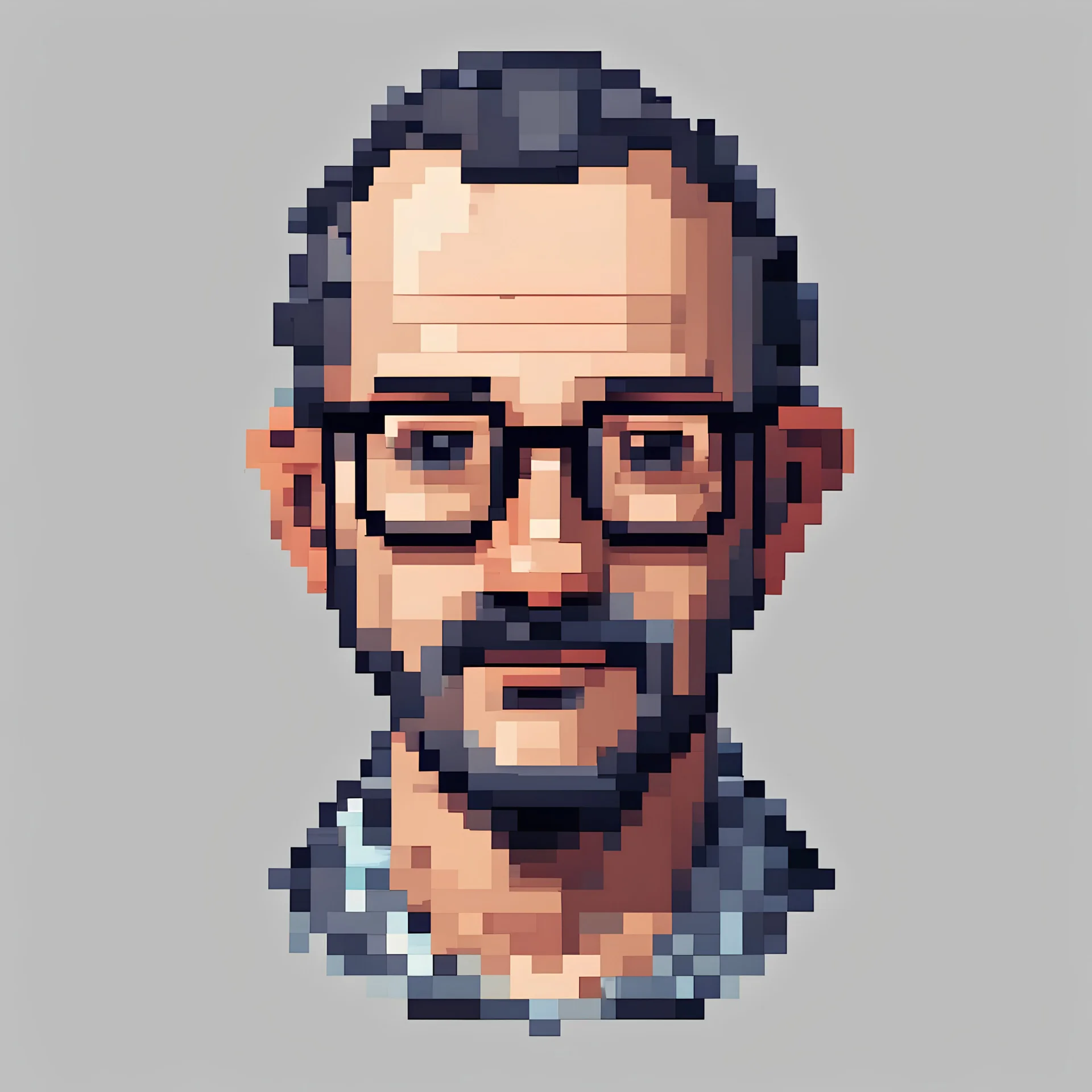 Pixel art. A portrait of an 50 year old balding man with round glasses, dark hair and a short stubble beard. Hair color dark. Narrow nose. Shoulders pulled up high. White background. Style pixel art.