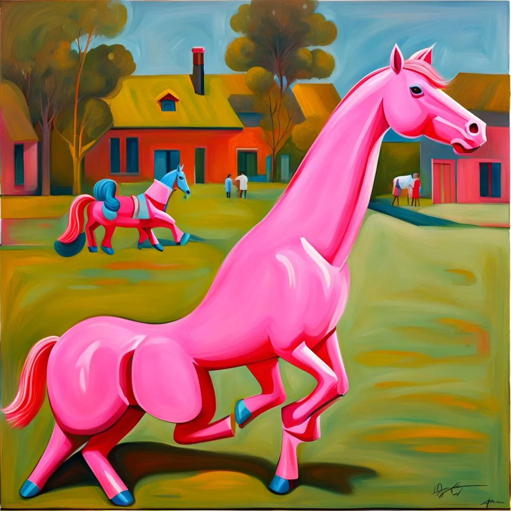 Big pink plastic toy horse.19th painting