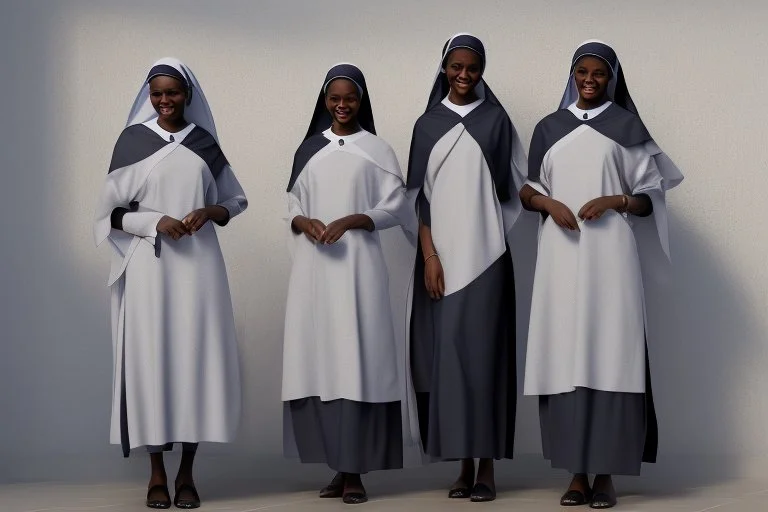 4 suore africane con tunica grigia figura intera sorrisi