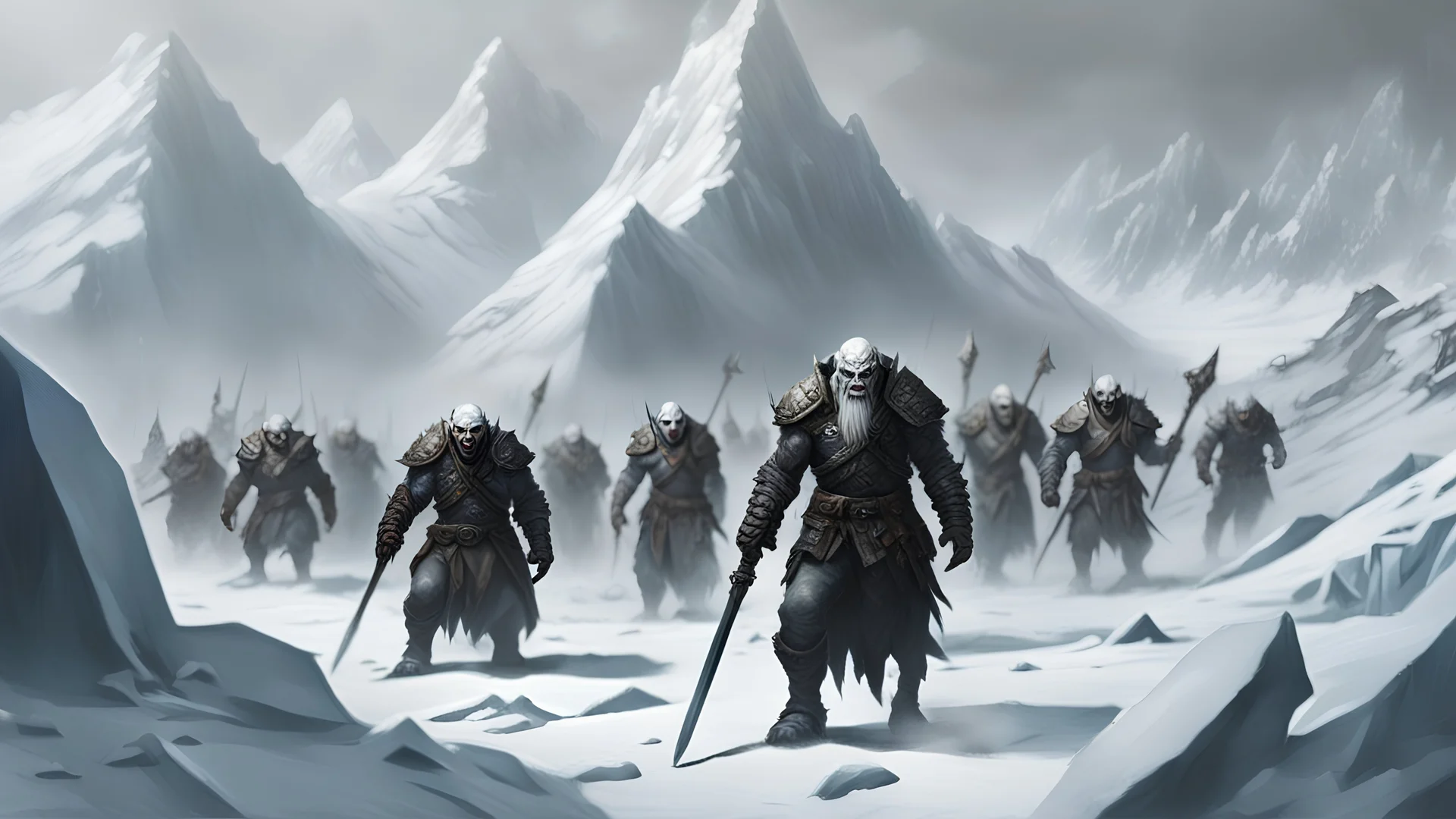 White orcs emerging from the frozen peaks of ice cold mountains. Wild orcs, heavily armed, white skin, deep scars, torn banners. Led by a cloaked dooming figure.