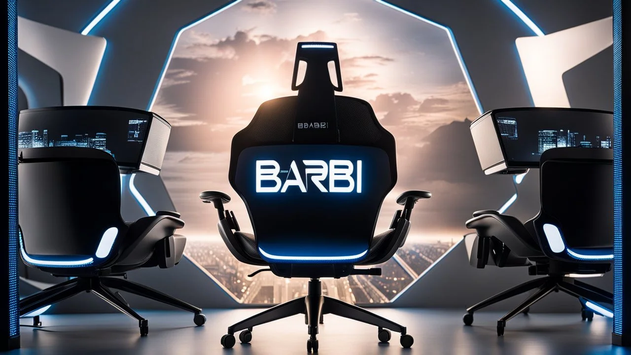 photo from a black producer chair siluette in a futuristic cybertech studio, around many monitors and circle windows to the sky, the inscription capture word text on the back of the chair "Barbi", Professional photography, bokeh, natural and blue-white lighting, perfect shot, sharp focus, professional photo