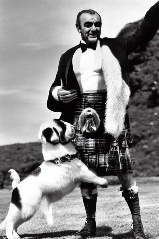 Photo of Sean Connery in a kilt riding a Saint Bernard