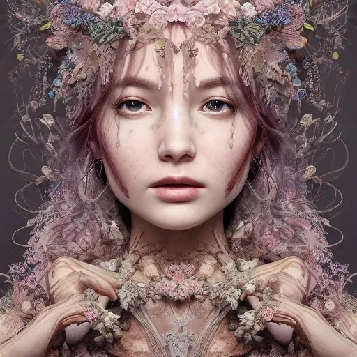 Insanely detailed photograph of an “portrait of gorgeous spring goddess ” with intricate hair, intricate embroidered dress, beautiful clear face and hyperdetailed painting by Ismail Inceoglu Huang Guangjian and Dan Witz CGSociety ZBrush Central fantasy art album cover art,8K, hdr, romantic, mysterious, ominous, beautiful flowers, jewelry, comfort, natural eyes,naked,tasteful