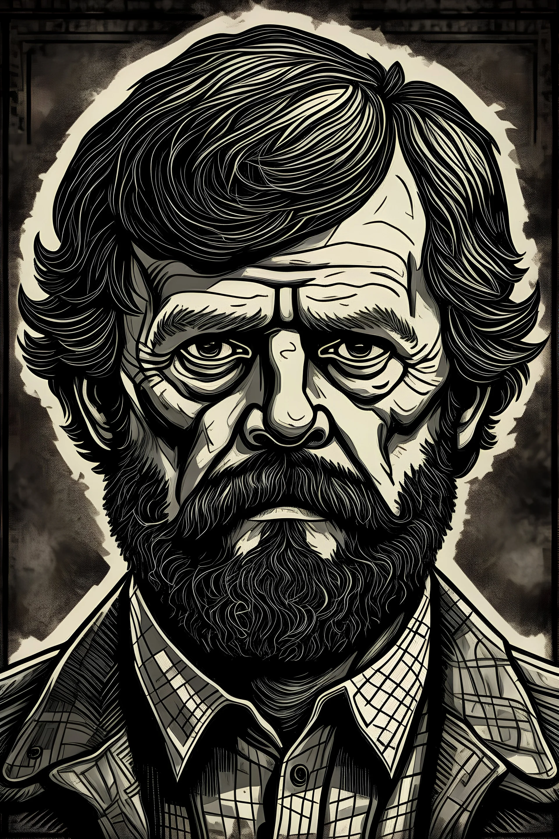 Portrait of author Frank Herbert in the style of the mugshot of Ted Kaczynski, the Unabomber. High definition picture.