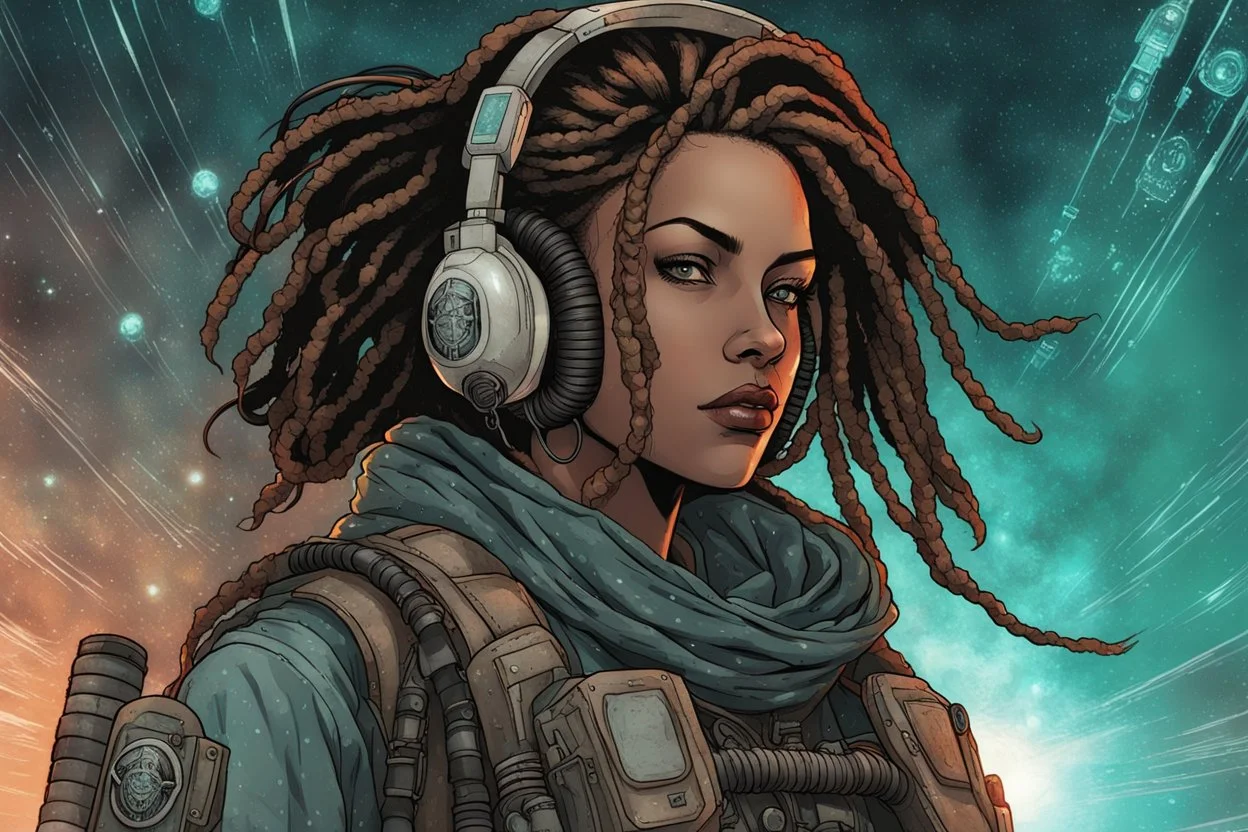 front facing full length portrait illustration of a grunge armored female , beaded dreadlock hair, cyberpunk vampire mercenary with gas mask, telecommunications headset, and shemagh, aboard an interstellar container ship, highly detailed with gritty post apocalyptic textures, caught in a cosmic maelstrom of swirling gases , finely detailed facial features and hair, in the graphic novel style of Bill Sienkiewicz, and Jean Giraud Moebius, ink wash and watercolor with realistic light and shadow