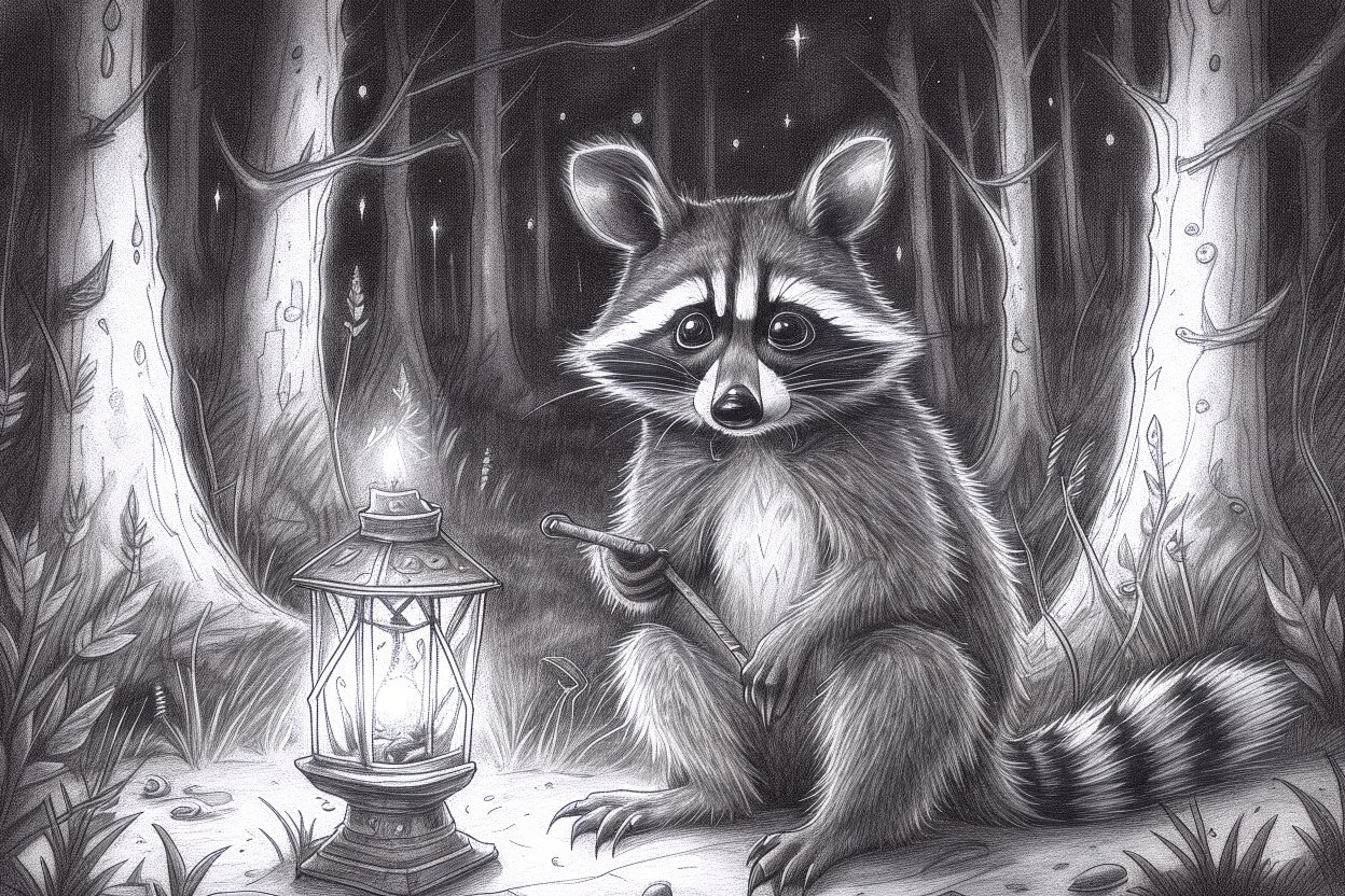 At dusk a curious raccoon explores the forest. Tiptoeing into human campsites, intrigued by human artifacts they found.- Pencil drawing, realistic, graphite