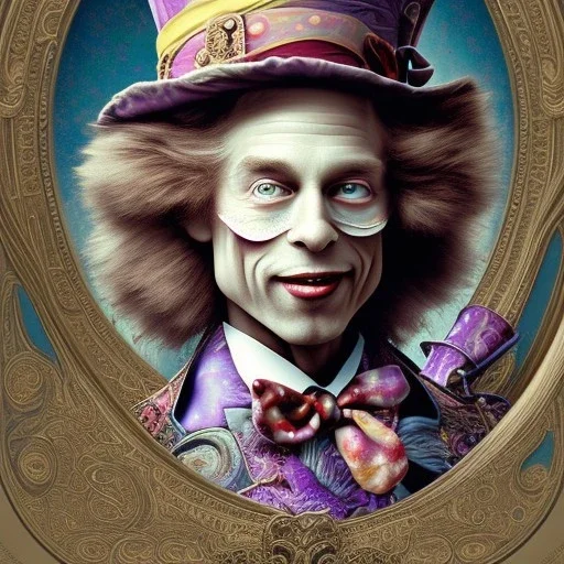 "Mad Hatter" book young man character of "Alice in the wonderland", elegant dress,sarcastic smile,big top hat.behance contest winner, generative art, baroque, intricate patterns, fractalism, movie still, cartoon.style by Disney,Chie Yoshii,alphonse mucha,earnst haeckel,james jean.